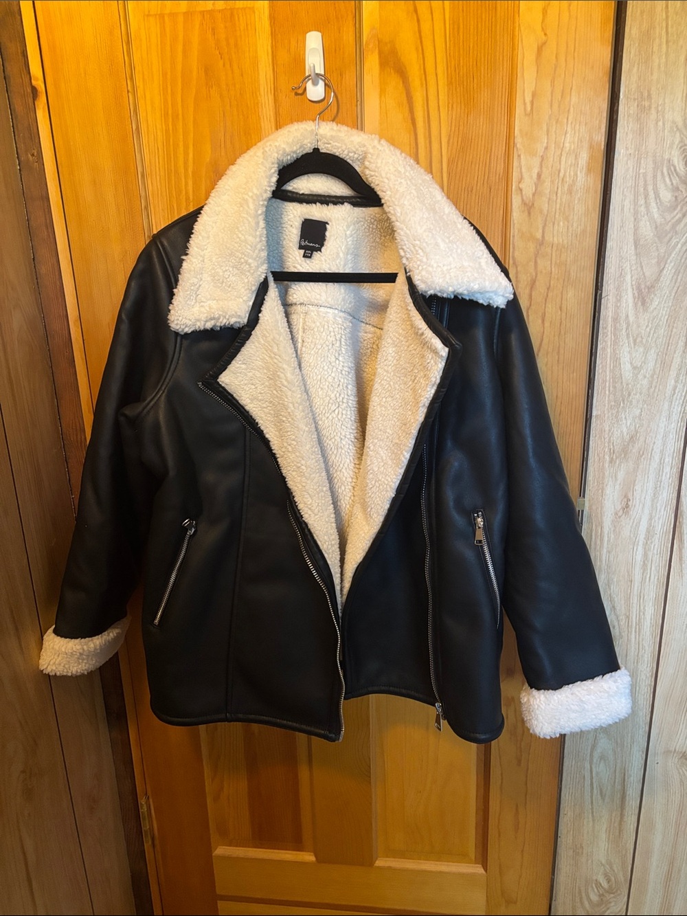 Reitmans Black Faux Leather Shearling Jacket with Cream Lining